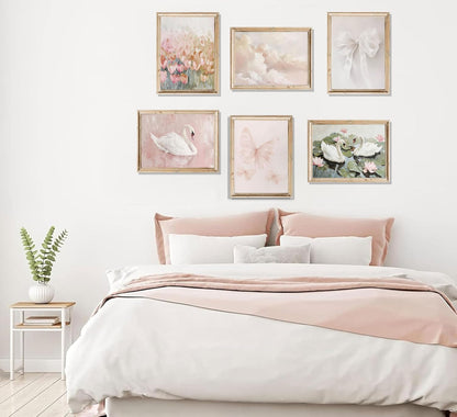 6Pcs Coquette Cute Wall Art Wall Art Swan Pink Butterfly Wall Decor Unframe