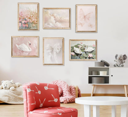 6Pcs Coquette Cute Wall Art Wall Art Swan Pink Butterfly Wall Decor Unframe