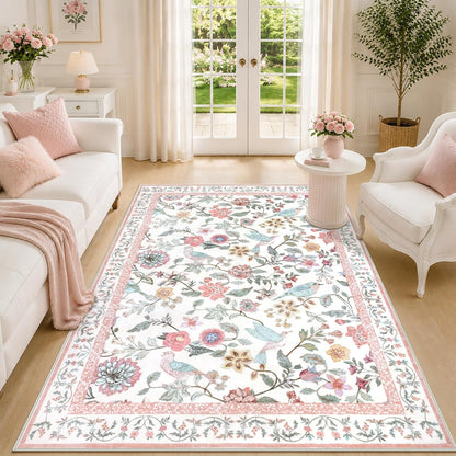 Floral Washable 5x7 Area Rug, Soft Non-Slip Pink Rugs for Girls Bedroom Low Pile Flower Birds Living Room Rug, Non-Shedding Botanical Indoor Carpet for Nursery Playroom Dining Room