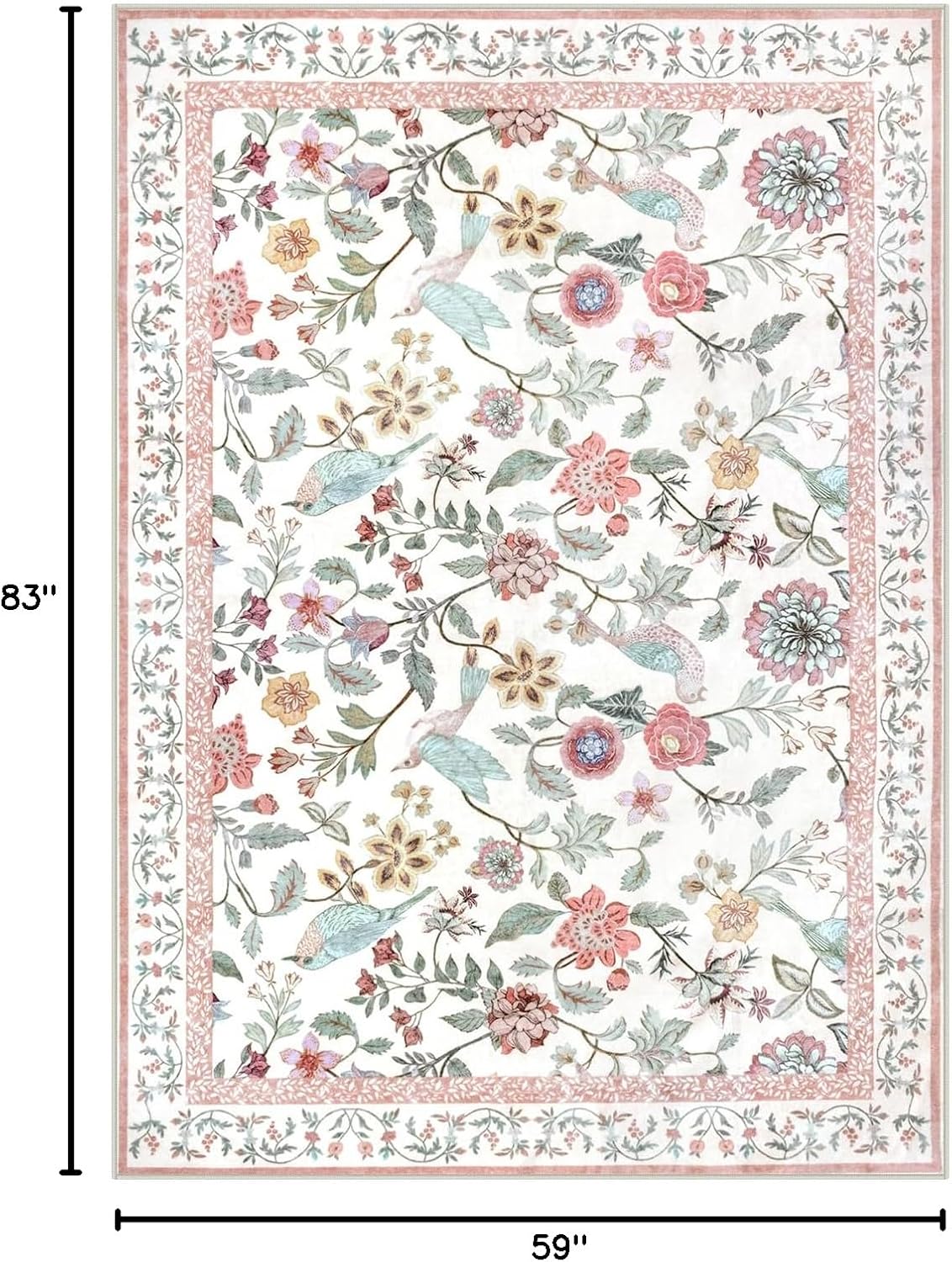 Floral Washable 5x7 Area Rug, Soft Non-Slip Pink Rugs for Girls Bedroom Low Pile Flower Birds Living Room Rug, Non-Shedding Botanical Indoor Carpet for Nursery Playroom Dining Room