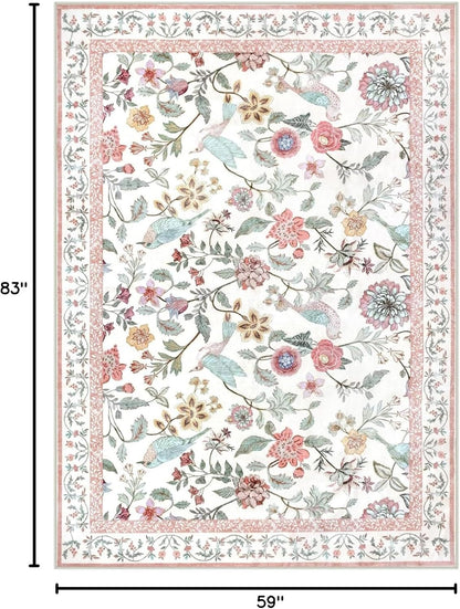 Floral Washable 5x7 Area Rug, Soft Non-Slip Pink Rugs for Girls Bedroom Low Pile Flower Birds Living Room Rug, Non-Shedding Botanical Indoor Carpet for Nursery Playroom Dining Room