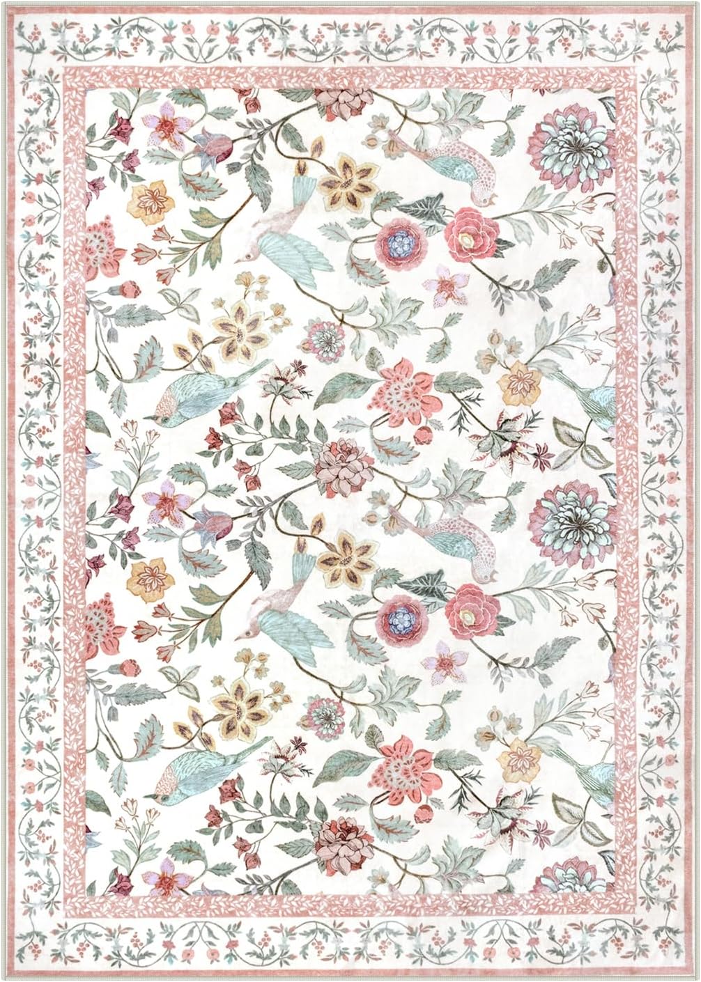 Floral Washable 5x7 Area Rug, Soft Non-Slip Pink Rugs for Girls Bedroom Low Pile Flower Birds Living Room Rug, Non-Shedding Botanical Indoor Carpet for Nursery Playroom Dining Room
