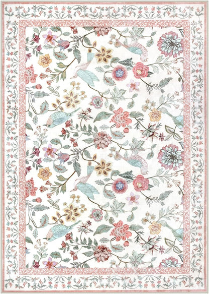 Floral Washable 5x7 Area Rug, Soft Non-Slip Pink Rugs for Girls Bedroom Low Pile Flower Birds Living Room Rug, Non-Shedding Botanical Indoor Carpet for Nursery Playroom Dining Room