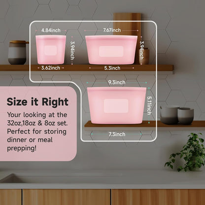 Reusable Silicone Storage Containers Bags Dishwasher Microwave Safe, BPA Free Silicone Bags, Reusable Gallon Freezer Bags for Sandwich, Cereal, Vegetable, Home Organization (Pink 8oz 18oz 32oz 3Pack)