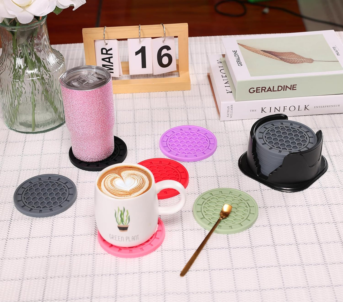 Silicone Coasters 8 Pack with Holder Anti-Slip Non-Stick Drink Coaster Deep Tray Cup Mat for Hot or Cold Drinking Peach Pink Gear