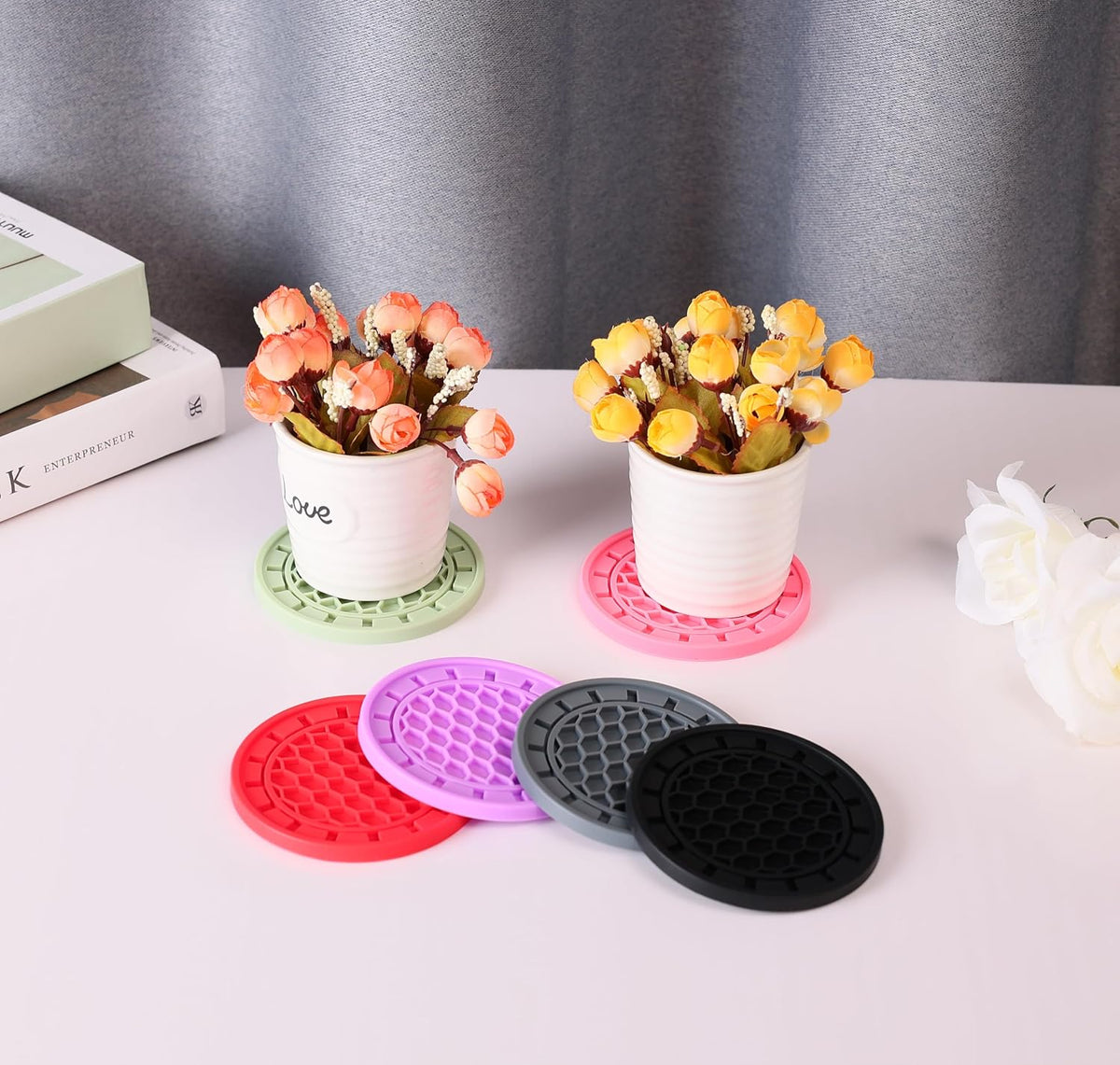 Silicone Coasters 8 Pack with Holder Anti-Slip Non-Stick Drink Coaster Deep Tray Cup Mat for Hot or Cold Drinking Peach Pink Gear