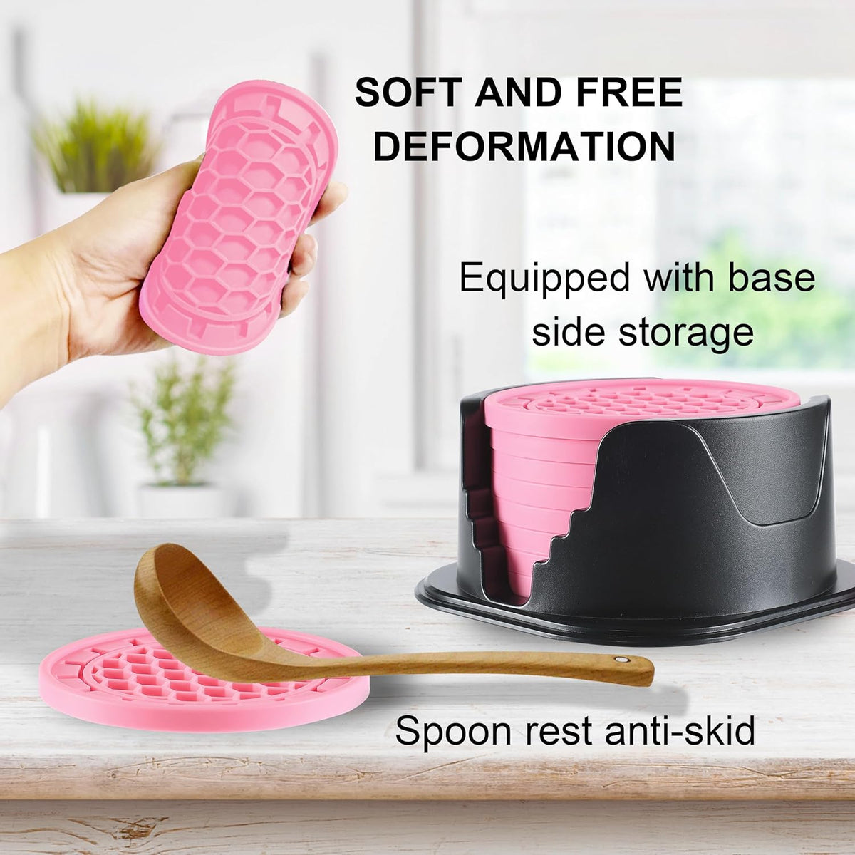Silicone Coasters 8 Pack with Holder Anti-Slip Non-Stick Drink Coaster Deep Tray Cup Mat for Hot or Cold Drinking Peach Pink Gear