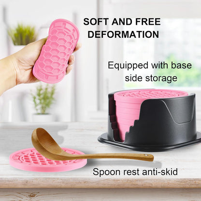 Silicone Coasters 8 Pack with Holder Anti-Slip Non-Stick Drink Coaster Deep Tray Cup Mat for Hot or Cold Drinking Peach Pink Gear