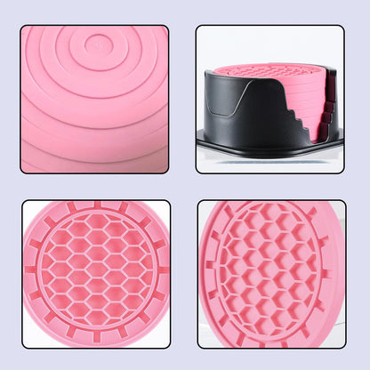 Silicone Coasters 8 Pack with Holder Anti-Slip Non-Stick Drink Coaster Deep Tray Cup Mat for Hot or Cold Drinking Peach Pink Gear