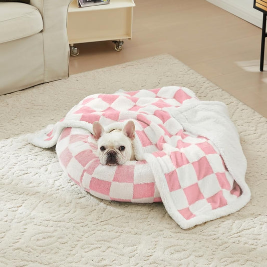 Checkered Dog Blanket, Pink Jacquard Sherpa Blankets for Small Dog and Cats, Cute Aesthetic Style Fluffy Fleece Pets Blanket for Couch Protection Washable, 25"x35"