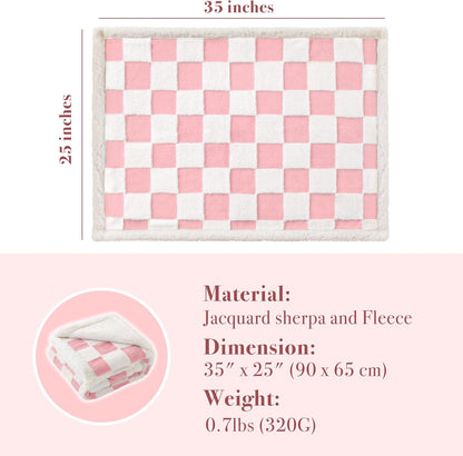 Checkered Dog Blanket, Pink Jacquard Sherpa Blankets for Small Dog and Cats, Cute Aesthetic Style Fluffy Fleece Pets Blanket for Couch Protection Washable, 25"x35"