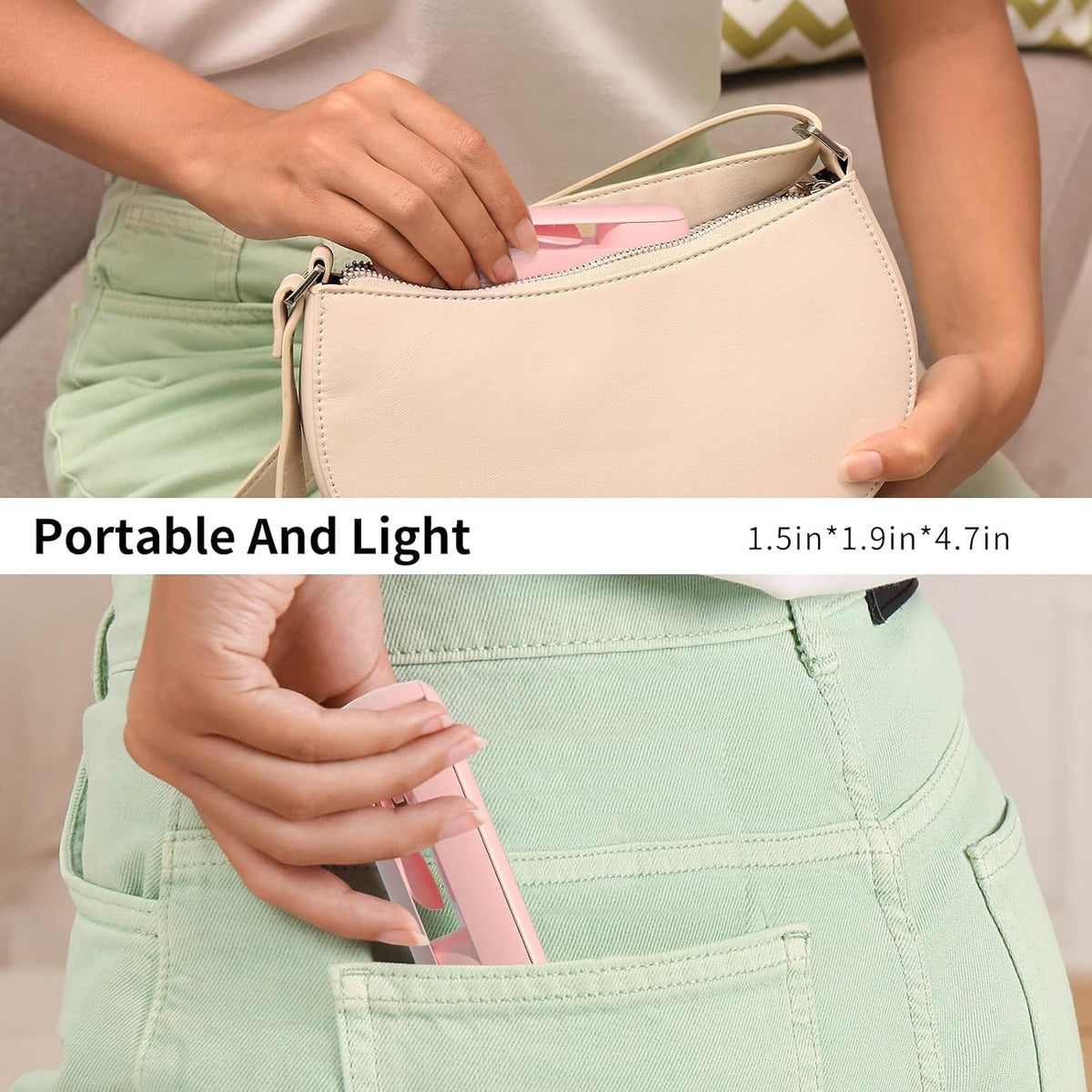 Portable Handheld Fan, 2 IN 1 Mini Hand Fan, Battery Operated [8-15 Working Hours], USB Rechargeable Personal Foldable Fan for Indoor, Small Pocket Fans Travel Essentials for Outdoor (Pink)