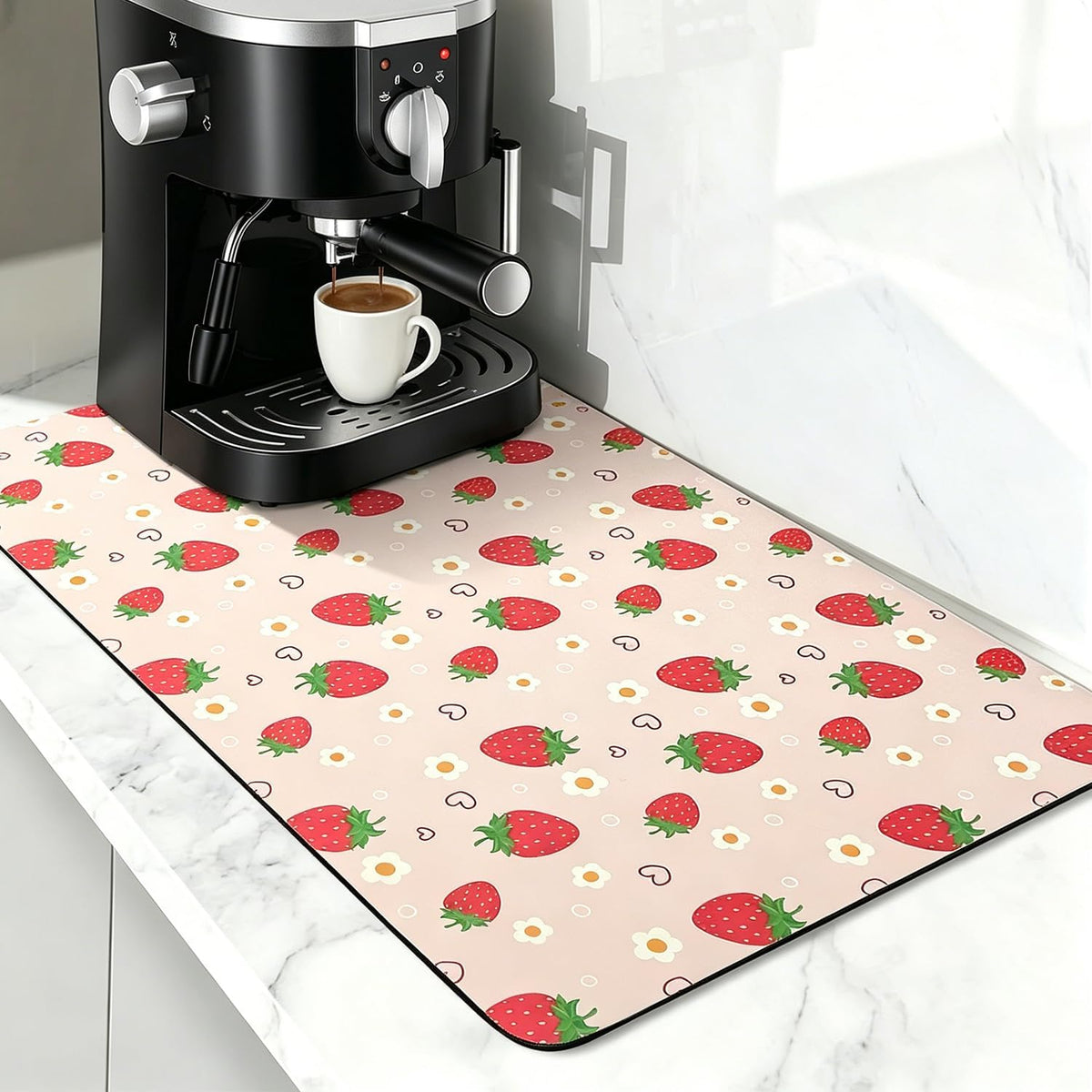 Strawberry Pattern Pink Bar Mat, Absorbent Dish Drying Mat for Kitchen Counter with Waterproof Rubber Backing, Hide Stain, Espresso Machine Accessories Coffee Bar Decor, 16"x24"