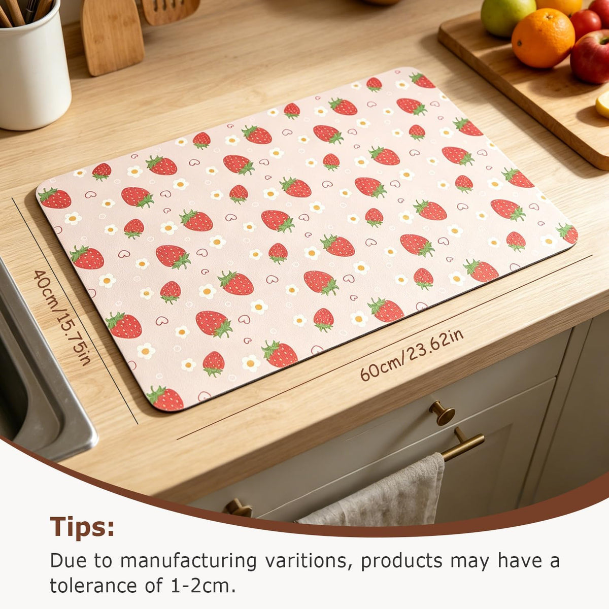 Strawberry Pattern Pink Bar Mat, Absorbent Dish Drying Mat for Kitchen Counter with Waterproof Rubber Backing, Hide Stain, Espresso Machine Accessories Coffee Bar Decor, 16"x24"