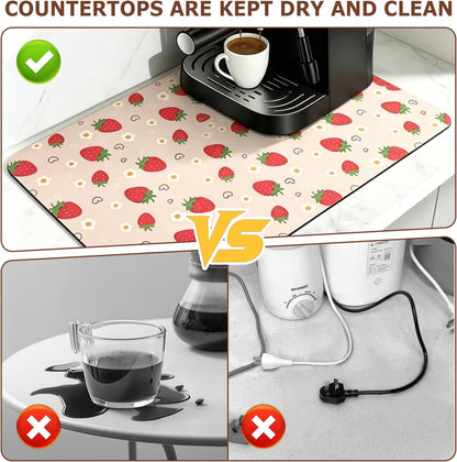 Strawberry Pattern Pink Bar Mat, Absorbent Dish Drying Mat for Kitchen Counter with Waterproof Rubber Backing, Hide Stain, Espresso Machine Accessories Coffee Bar Decor, 16"x24"