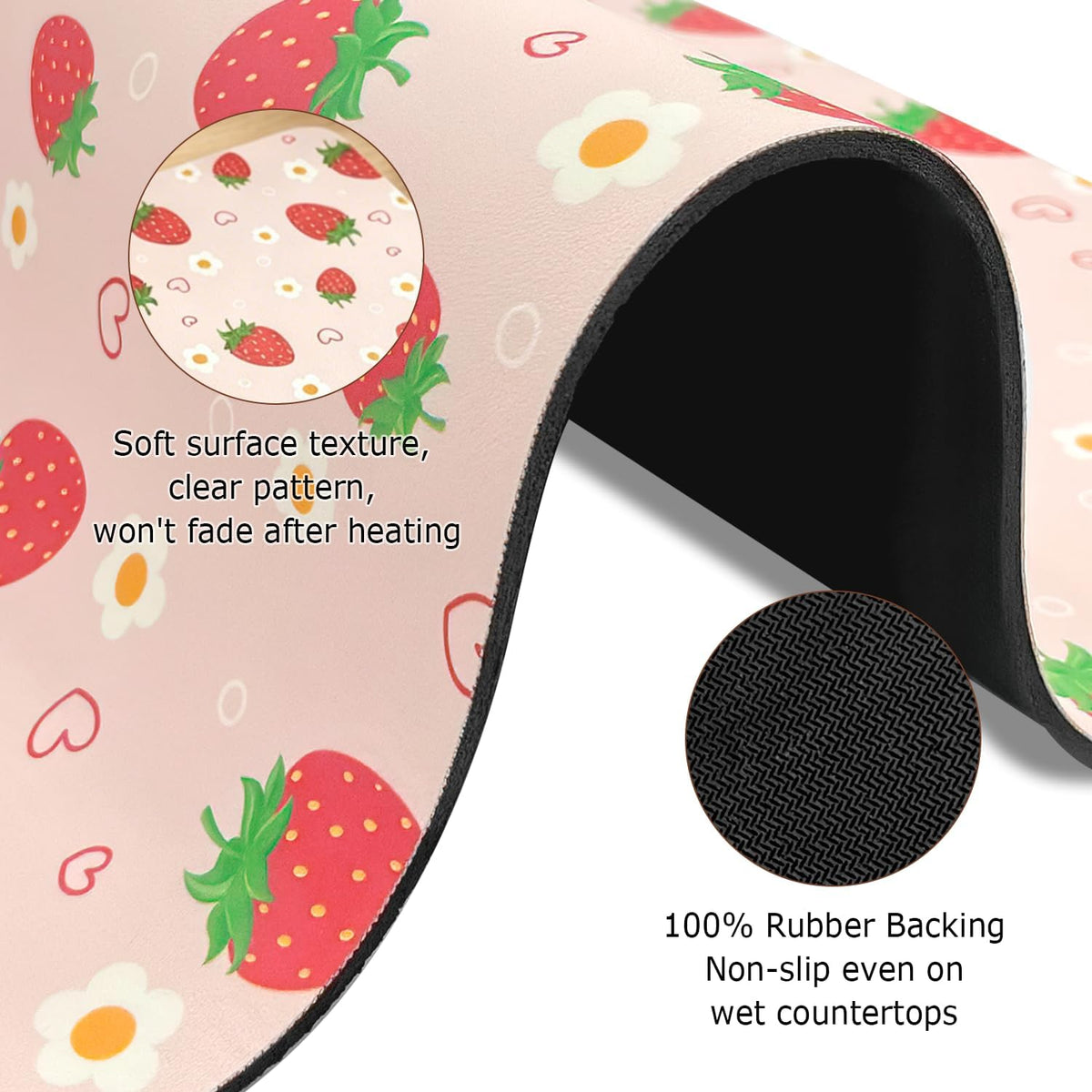 Strawberry Pattern Pink Bar Mat, Absorbent Dish Drying Mat for Kitchen Counter with Waterproof Rubber Backing, Hide Stain, Espresso Machine Accessories Coffee Bar Decor, 16"x24"