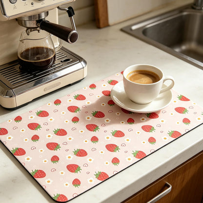 Strawberry Pattern Pink Bar Mat, Absorbent Dish Drying Mat for Kitchen Counter with Waterproof Rubber Backing, Hide Stain, Espresso Machine Accessories Coffee Bar Decor, 16"x24"