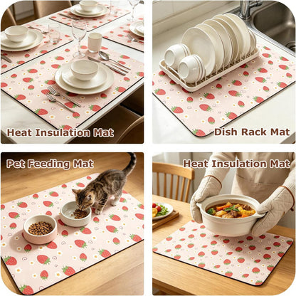 Strawberry Pattern Pink Bar Mat, Absorbent Dish Drying Mat for Kitchen Counter with Waterproof Rubber Backing, Hide Stain, Espresso Machine Accessories Coffee Bar Decor, 16"x24"