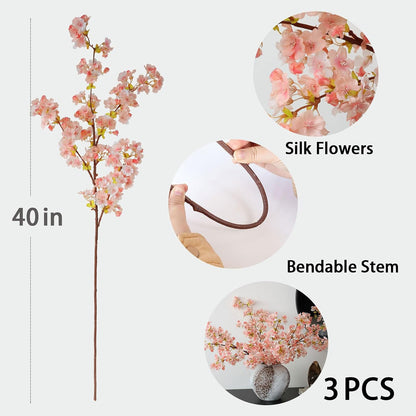 3Pcs Artificial Pink Cherry Blossom Branches 40" Fake Silk Cherry Blossoms Flowers with Long Stem for Wedding Decorations Table Centerpieces Vase Arrangement Home Decor (Pink)