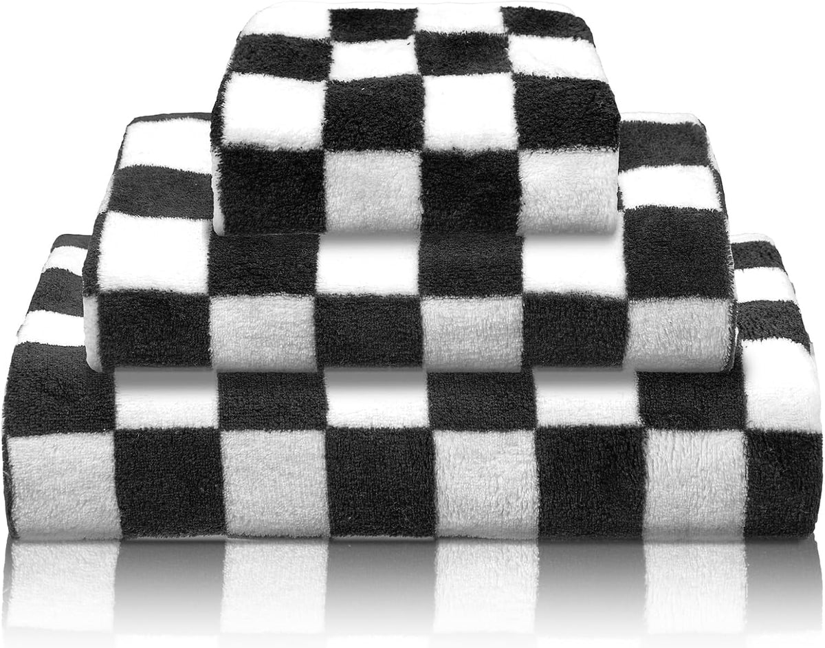 3 Pcs Bath Towels Set Black and White Checkerboard