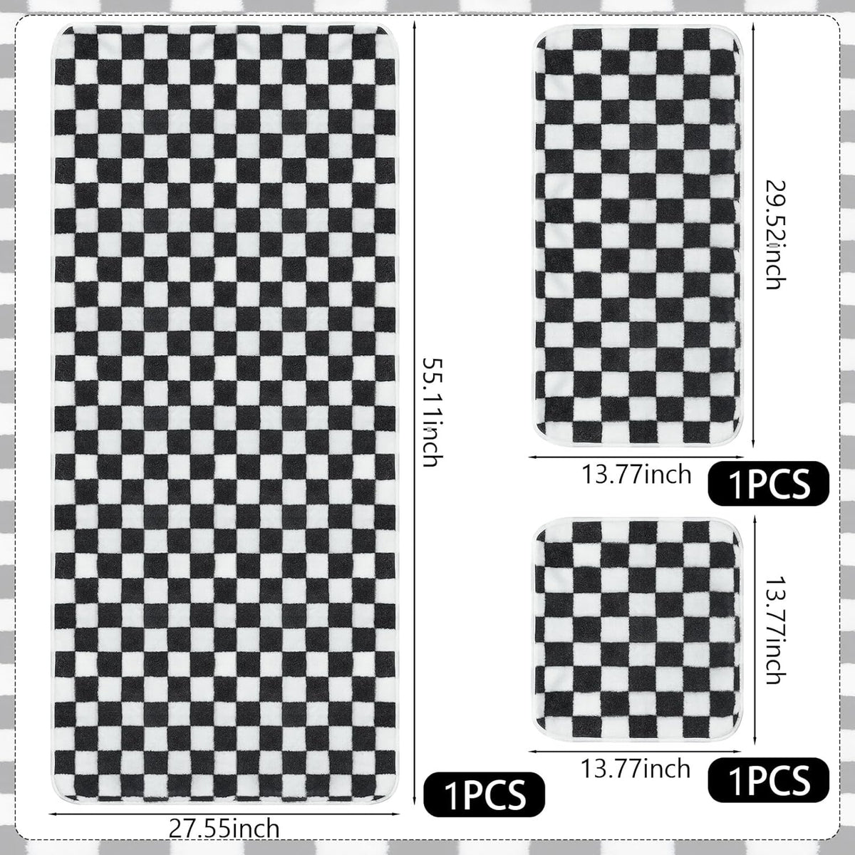 3 Pcs Bath Towels Set Black and White Checkerboard