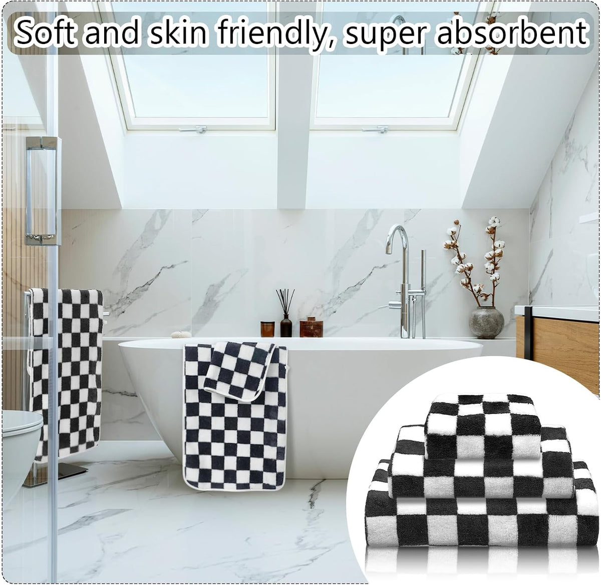 3 Pcs Bath Towels Set Black and White Checkerboard