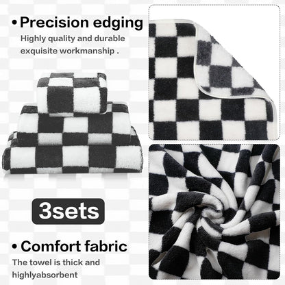 3 Pcs Bath Towels Set Black and White Checkerboard