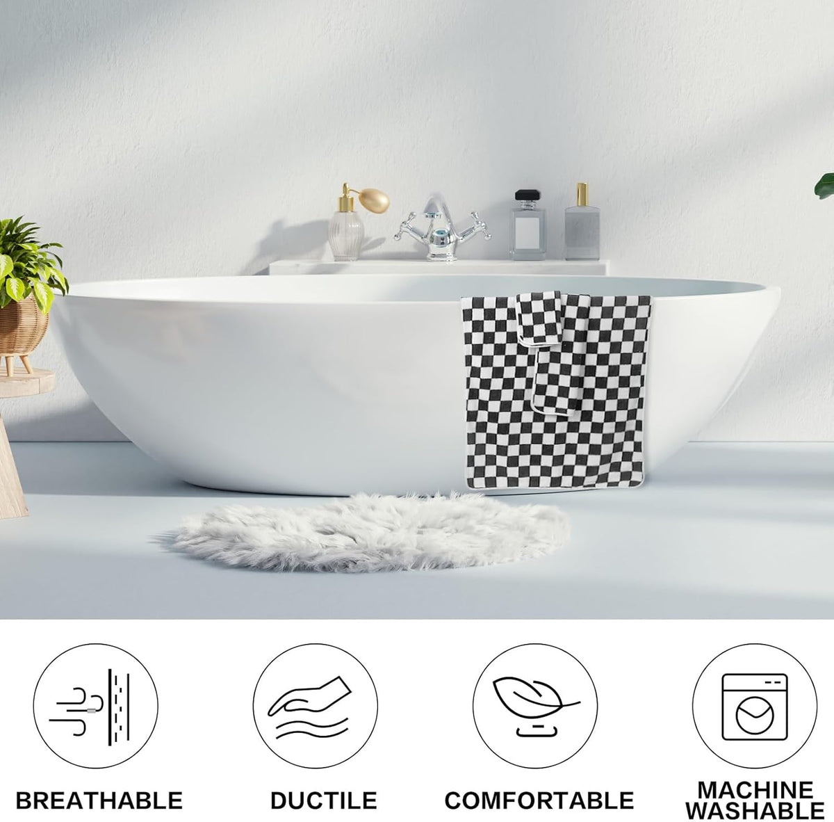 3 Pcs Bath Towels Set Black and White Checkerboard