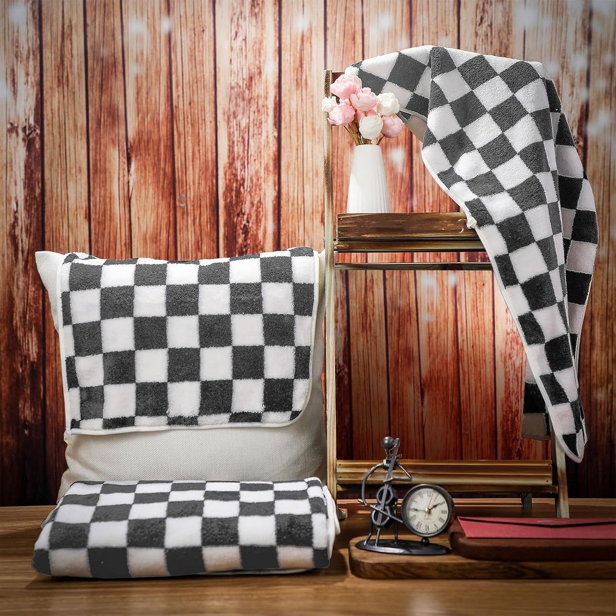 3 Pcs Bath Towels Set Black and White Checkerboard