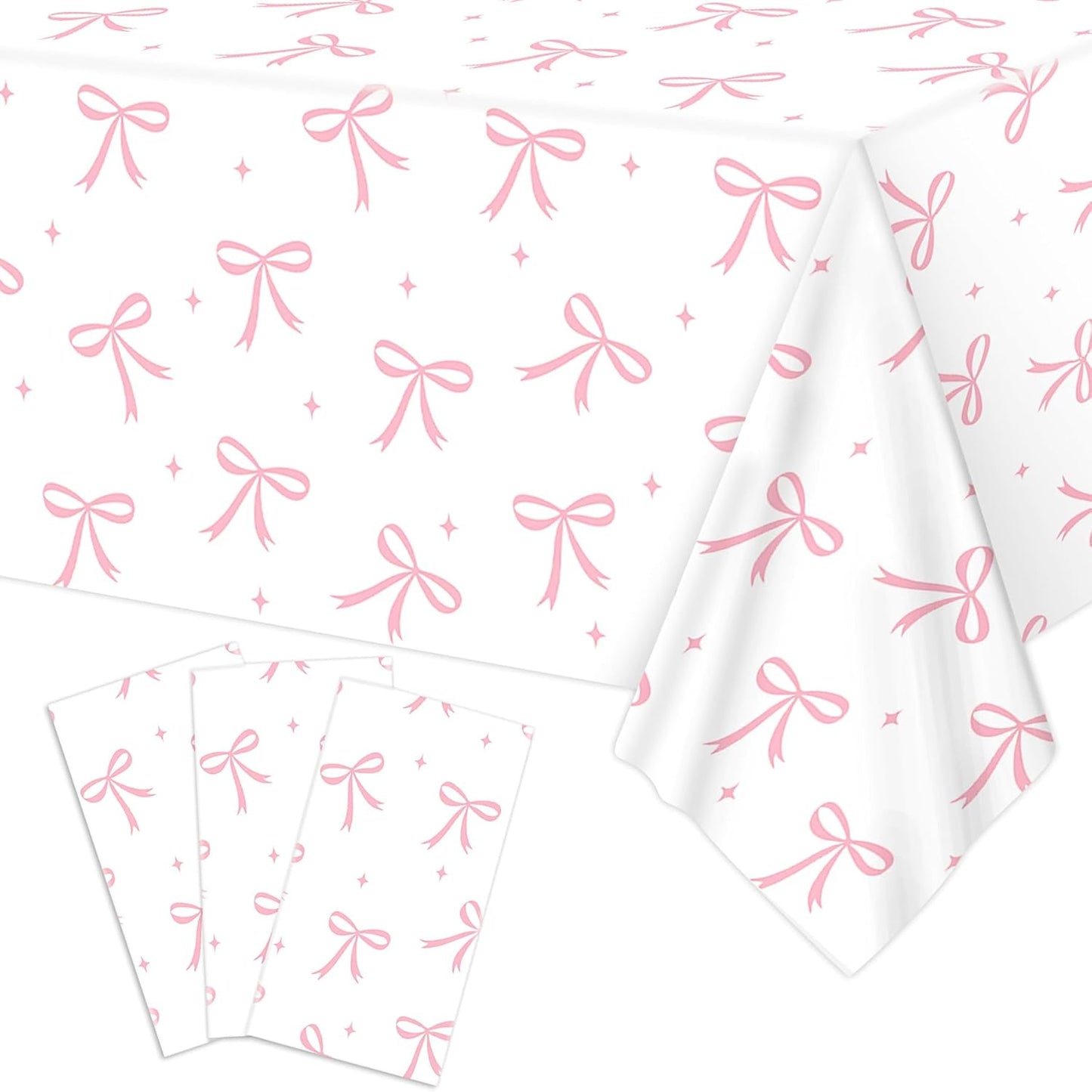 3pcs Coquette Pink Bow Tablecloth, 54 x 108 inch Bow Party Plastic Table Cover, Coquette Birthday Decorations for Bachelorette Bridal Shower, Baby Shower, Girls Birthday Party Supplies