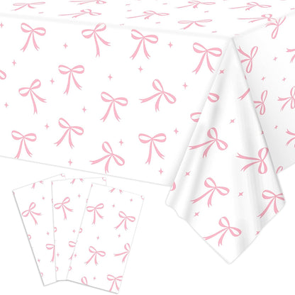 3pcs Coquette Pink Bow Tablecloth, 54 x 108 inch Bow Party Plastic Table Cover, Coquette Birthday Decorations for Bachelorette Bridal Shower, Baby Shower, Girls Birthday Party Supplies
