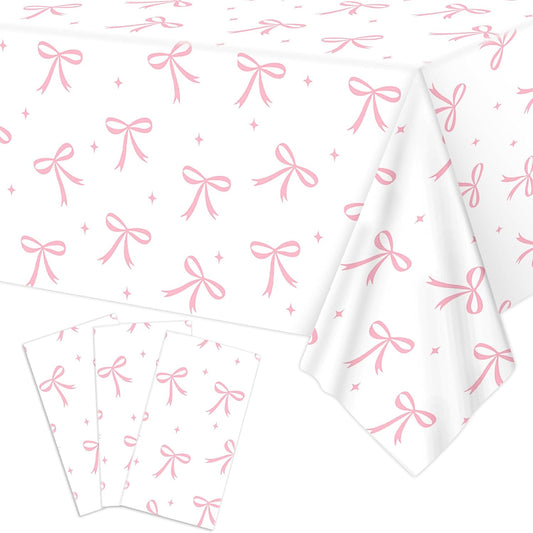 3pcs Coquette Pink Bow Tablecloth, 54 x 108 inch Bow Party Plastic Table Cover, Coquette Birthday Decorations for Bachelorette Bridal Shower, Baby Shower, Girls Birthday Party Supplies