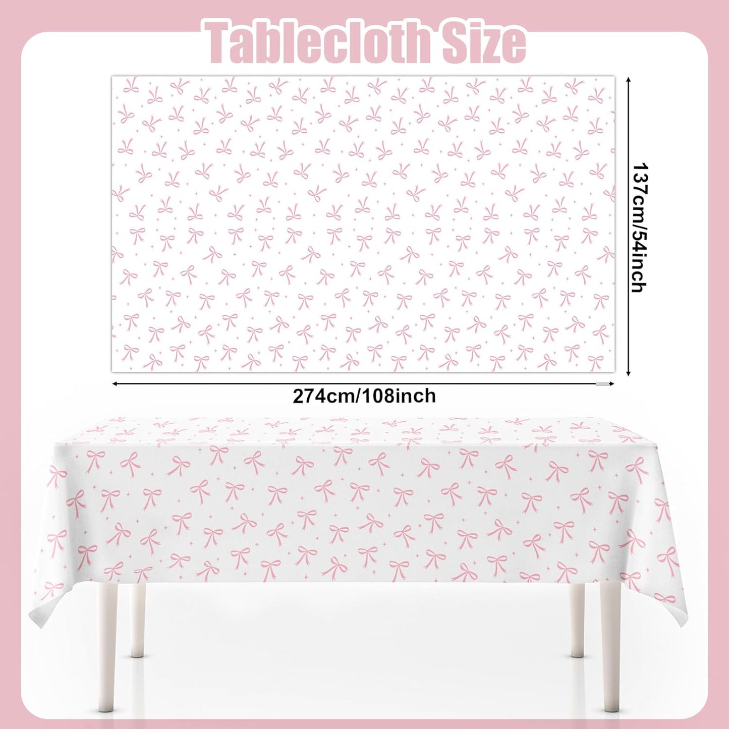 3pcs Coquette Pink Bow Tablecloth, 54 x 108 inch Bow Party Plastic Table Cover, Coquette Birthday Decorations for Bachelorette Bridal Shower, Baby Shower, Girls Birthday Party Supplies