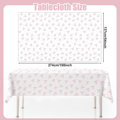 3pcs Coquette Pink Bow Tablecloth, 54 x 108 inch Bow Party Plastic Table Cover, Coquette Birthday Decorations for Bachelorette Bridal Shower, Baby Shower, Girls Birthday Party Supplies