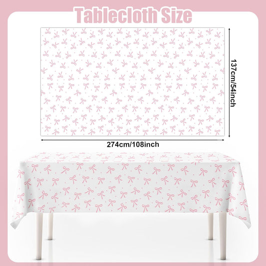 3pcs Coquette Pink Bow Tablecloth, 54 x 108 inch Bow Party Plastic Table Cover, Coquette Birthday Decorations for Bachelorette Bridal Shower, Baby Shower, Girls Birthday Party Supplies