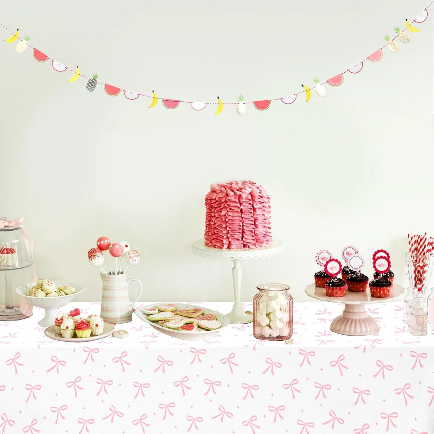3pcs Coquette Pink Bow Tablecloth, 54 x 108 inch Bow Party Plastic Table Cover, Coquette Birthday Decorations for Bachelorette Bridal Shower, Baby Shower, Girls Birthday Party Supplies