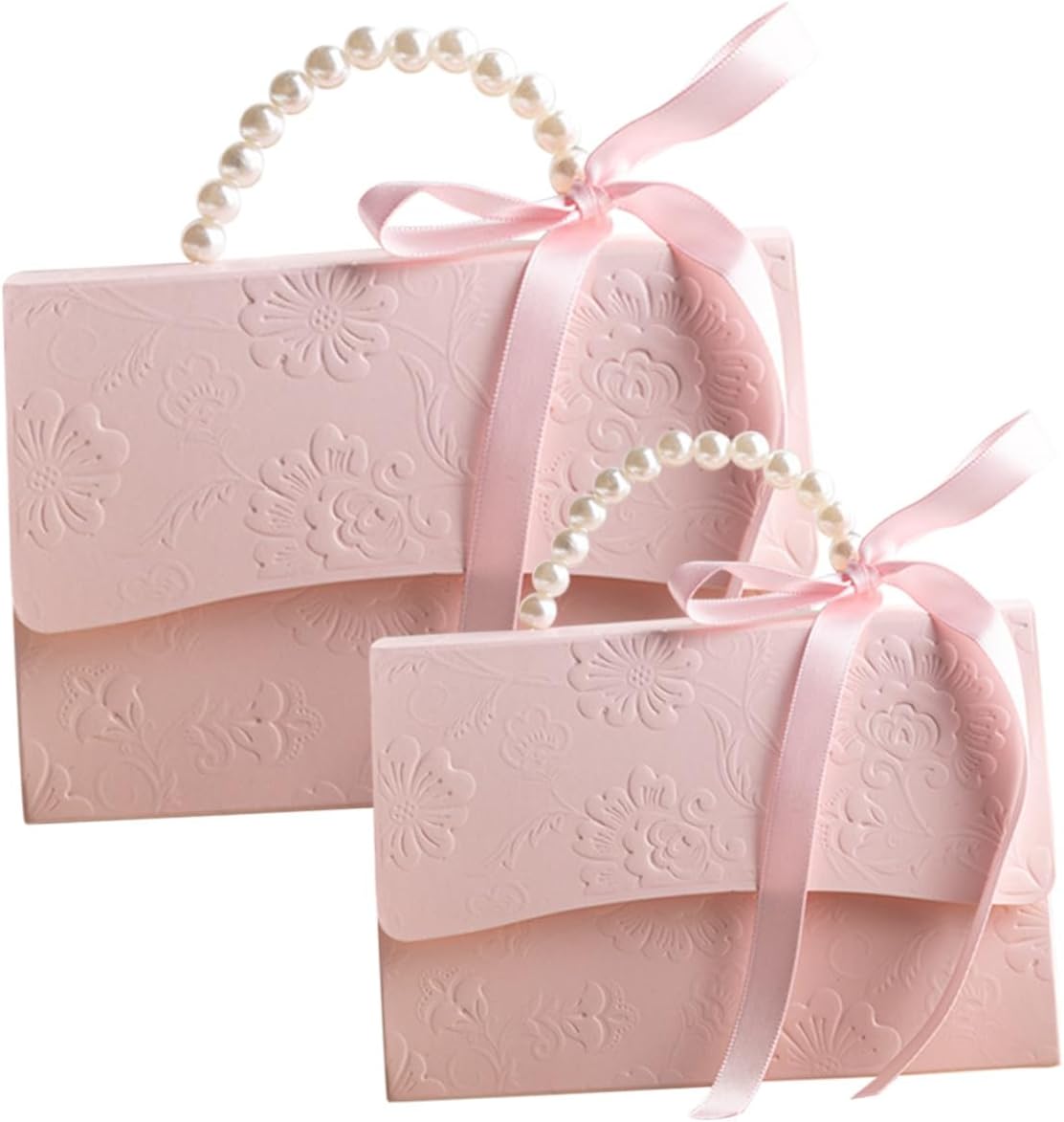 Healeved Mini and Medium Boxes Set, Pink Floral Embossed Candy Wrapping Paper Boxes with Pearl Chain, Small Party and Wedding Present Packaging Bags