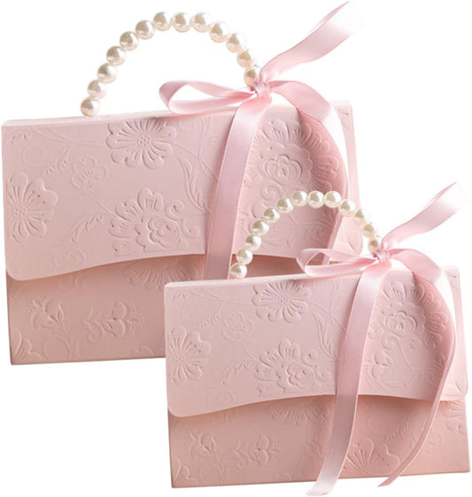 Healeved Mini and Medium Boxes Set, Pink Floral Embossed Candy Wrapping Paper Boxes with Pearl Chain, Small Party and Wedding Present Packaging Bags