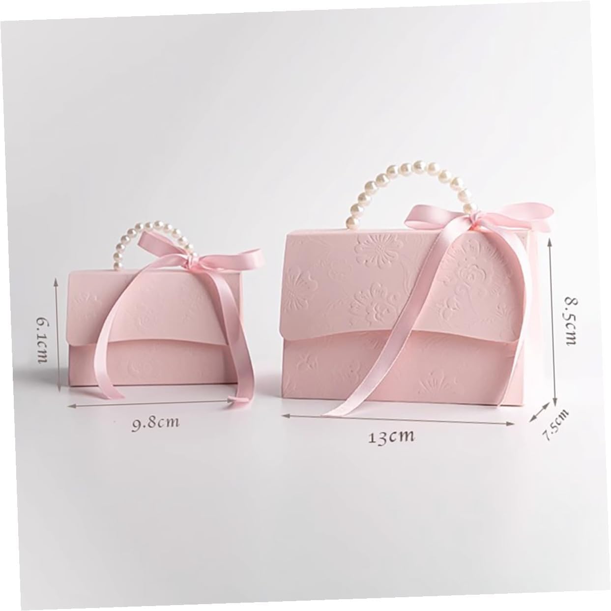 Healeved Mini and Medium Boxes Set, Pink Floral Embossed Candy Wrapping Paper Boxes with Pearl Chain, Small Party and Wedding Present Packaging Bags