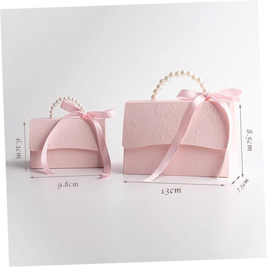 Healeved Mini and Medium Boxes Set, Pink Floral Embossed Candy Wrapping Paper Boxes with Pearl Chain, Small Party and Wedding Present Packaging Bags