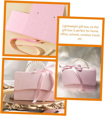 Healeved Mini and Medium Boxes Set, Pink Floral Embossed Candy Wrapping Paper Boxes with Pearl Chain, Small Party and Wedding Present Packaging Bags