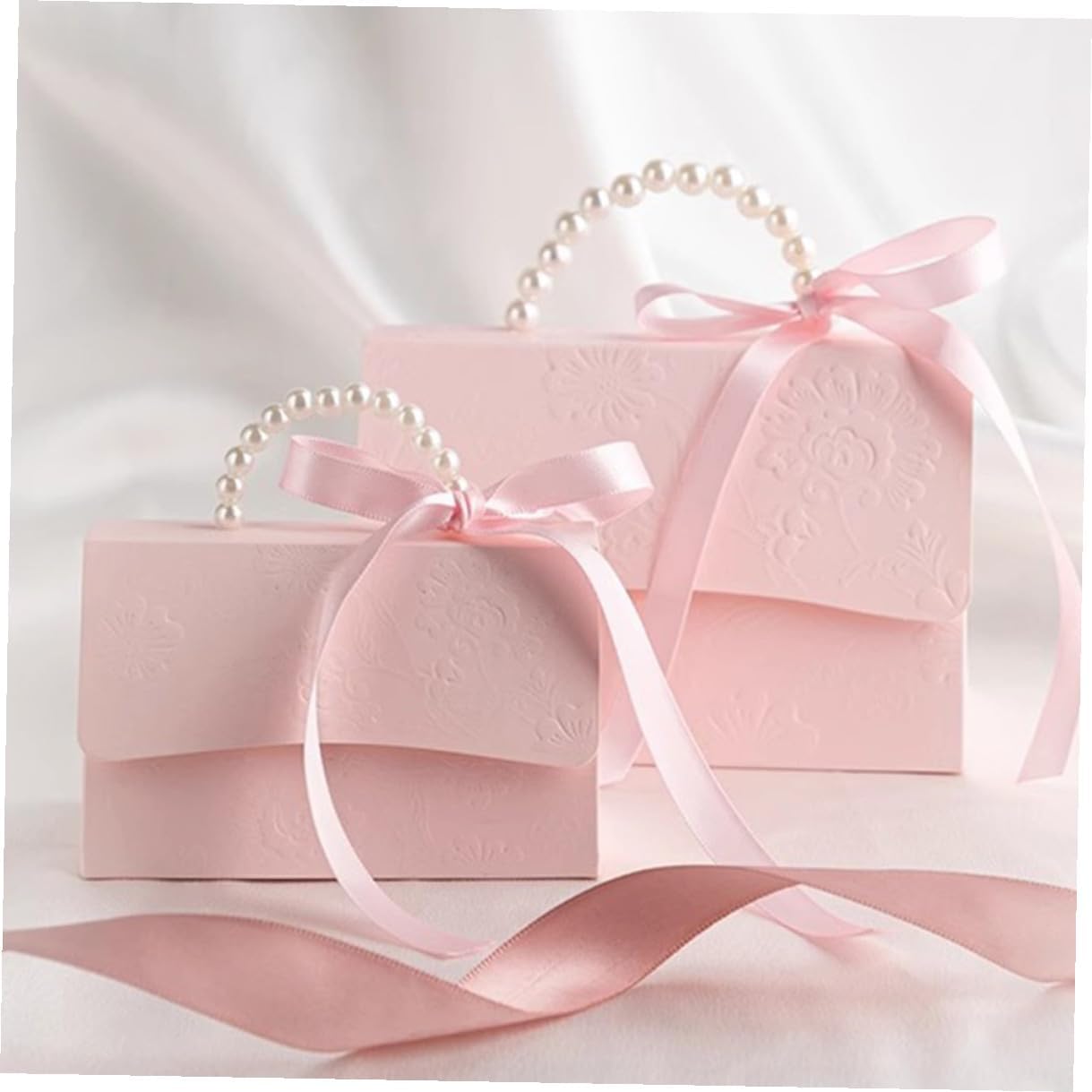 Healeved Mini and Medium Boxes Set, Pink Floral Embossed Candy Wrapping Paper Boxes with Pearl Chain, Small Party and Wedding Present Packaging Bags