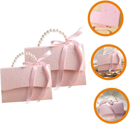 Healeved Mini and Medium Boxes Set, Pink Floral Embossed Candy Wrapping Paper Boxes with Pearl Chain, Small Party and Wedding Present Packaging Bags