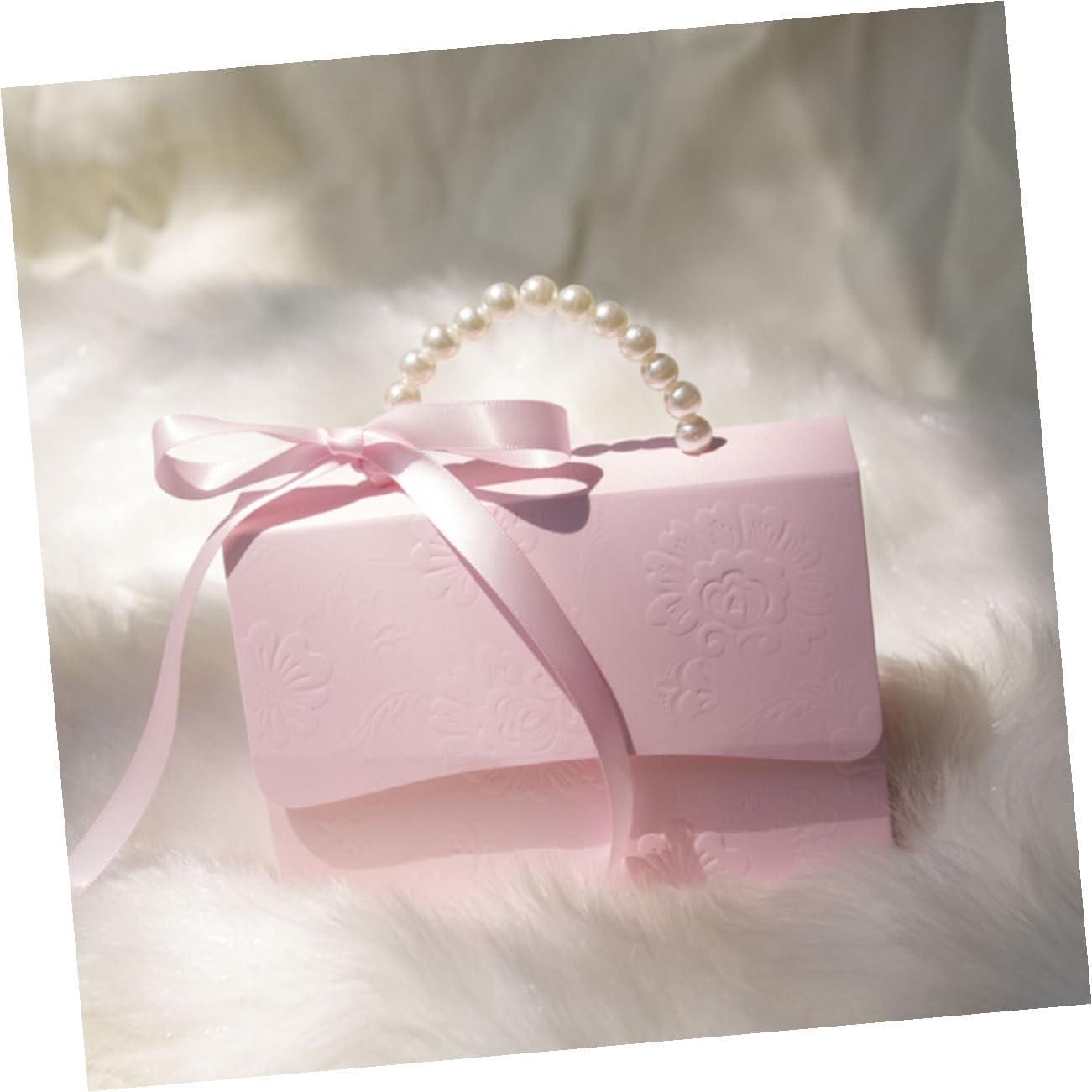 Healeved Mini and Medium Boxes Set, Pink Floral Embossed Candy Wrapping Paper Boxes with Pearl Chain, Small Party and Wedding Present Packaging Bags