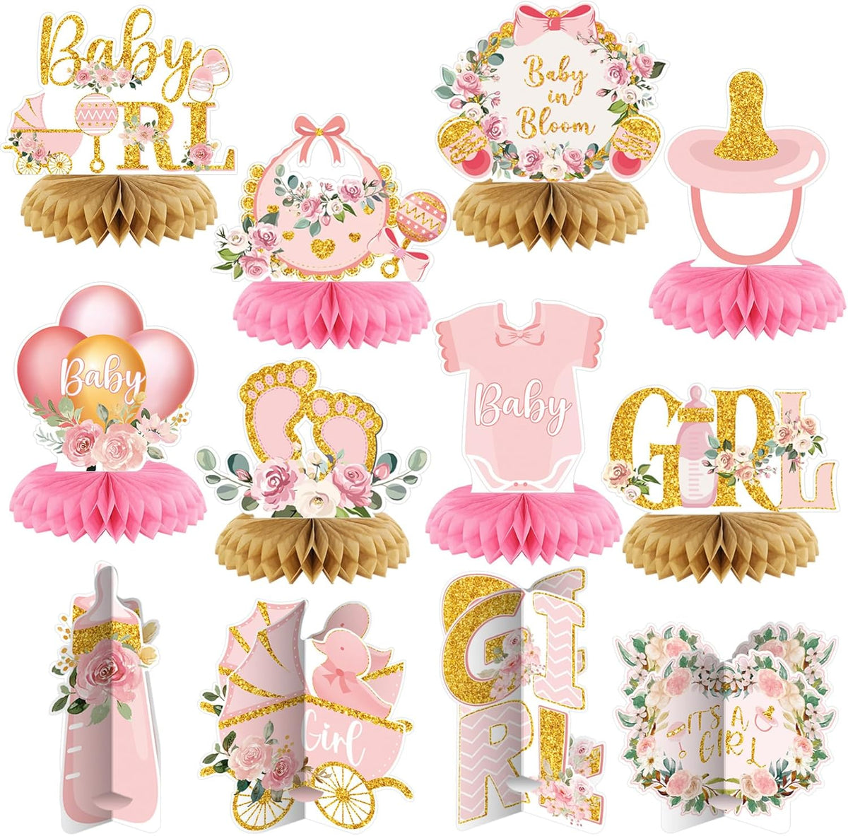 12 Pieces Pink Gold Girls Baby Shower Decorations Honeycomb Centerpieces Pink Flower Bottles Balloons Carriages Baby Shower Table Decorations Table Topper for Gender Reveal Party Supplies