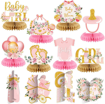 12 Pieces Pink Gold Girls Baby Shower Decorations Honeycomb Centerpieces Pink Flower Bottles Balloons Carriages Baby Shower Table Decorations Table Topper for Gender Reveal Party Supplies