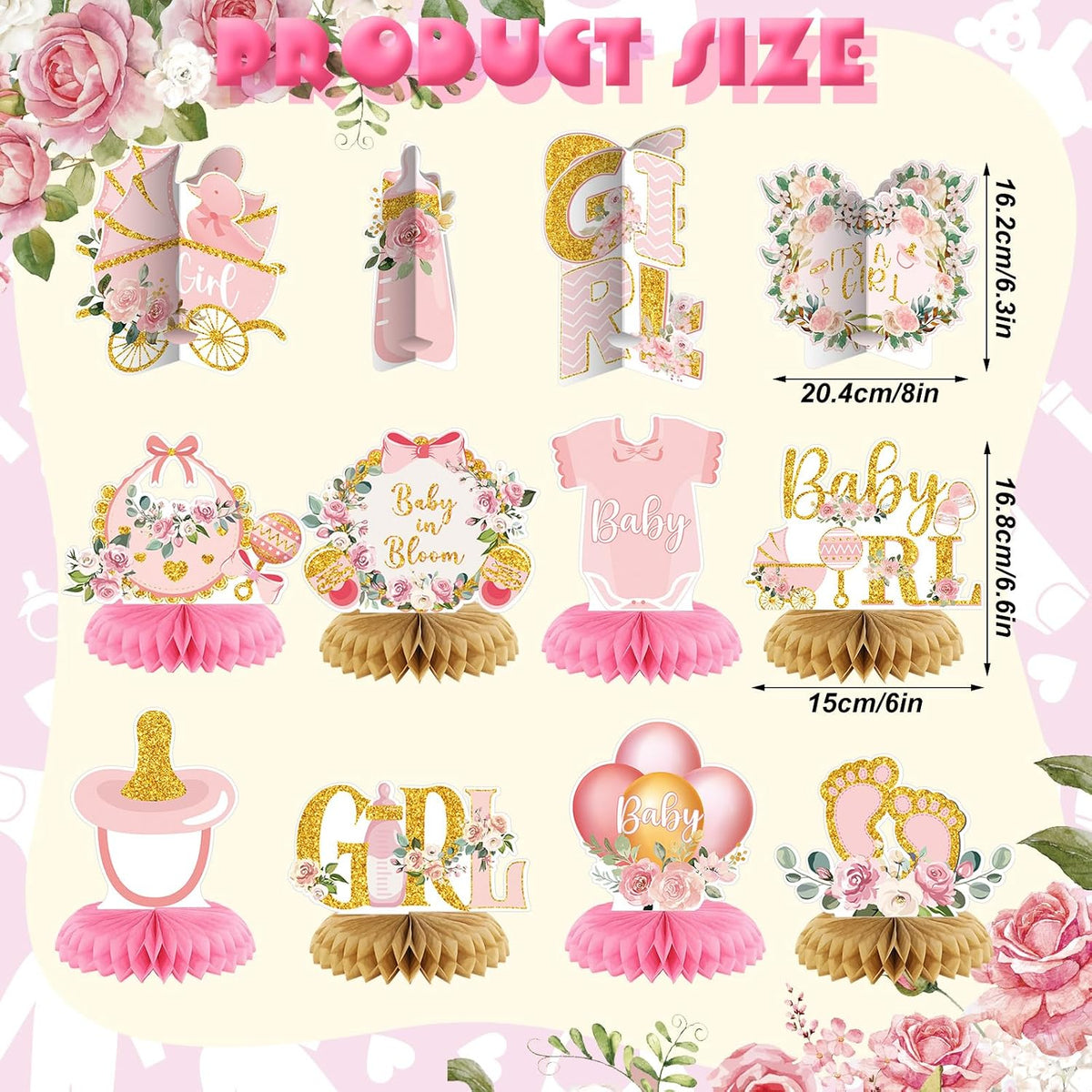 12 Pieces Pink Gold Girls Baby Shower Decorations Honeycomb Centerpieces Pink Flower Bottles Balloons Carriages Baby Shower Table Decorations Table Topper for Gender Reveal Party Supplies