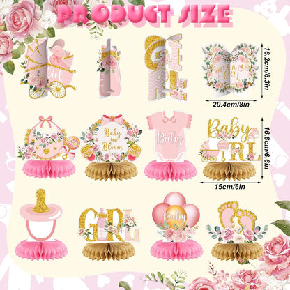 12 Pieces Pink Gold Girls Baby Shower Decorations Honeycomb Centerpieces Pink Flower Bottles Balloons Carriages Baby Shower Table Decorations Table Topper for Gender Reveal Party Supplies