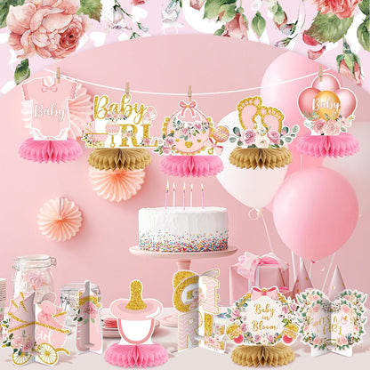 12 Pieces Pink Gold Girls Baby Shower Decorations Honeycomb Centerpieces Pink Flower Bottles Balloons Carriages Baby Shower Table Decorations Table Topper for Gender Reveal Party Supplies