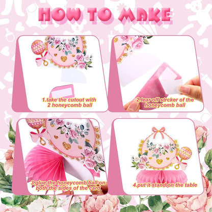 12 Pieces Pink Gold Girls Baby Shower Decorations Honeycomb Centerpieces Pink Flower Bottles Balloons Carriages Baby Shower Table Decorations Table Topper for Gender Reveal Party Supplies